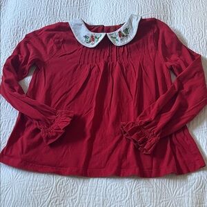 Mini Boden Red Knit Cotton Top with Holiday Birds on Collar, Size 9-10Y
